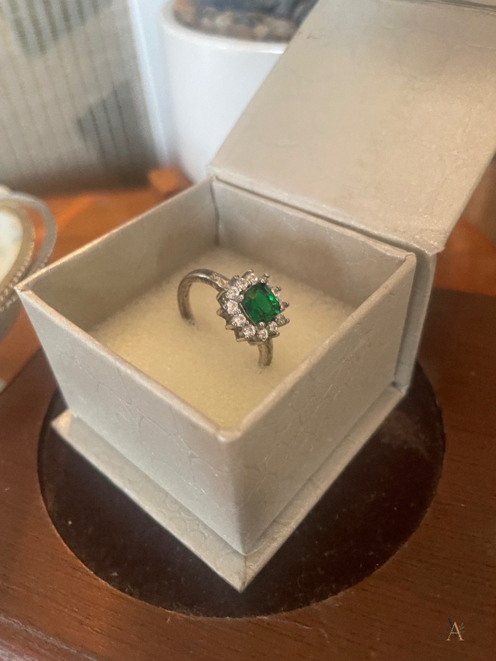 Silver toned ring - Emerald Green Crystal Centre Stone with Clear Crystal Halo